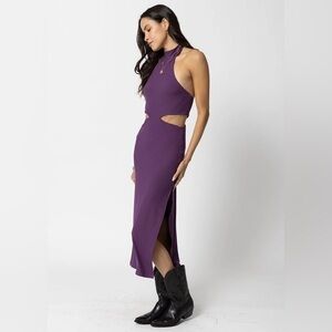 Stillwater Wide Rib Halter Cut Away Bodycon Midi Dress in Deep Purple NWT XS
